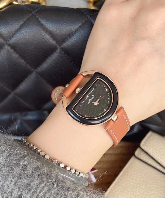 Chic Brown Watches Hardlex Semicircle Leather Crystal Alloy