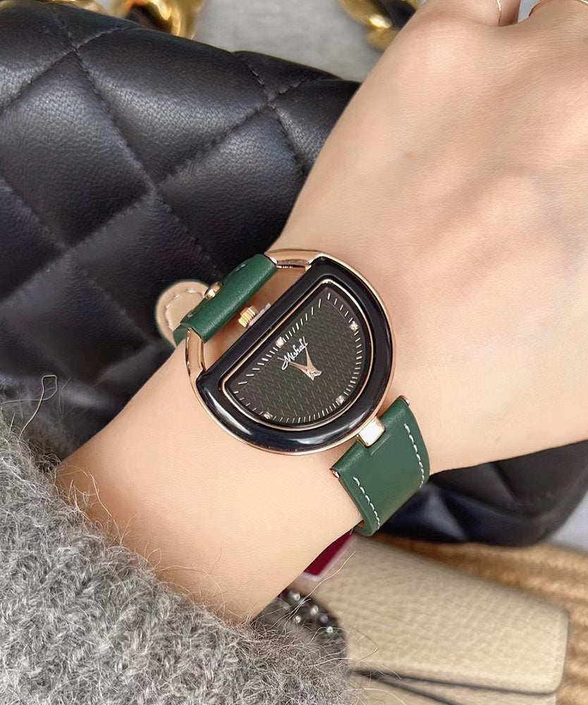 Chic Brown Watches Hardlex Semicircle Leather Crystal Alloy