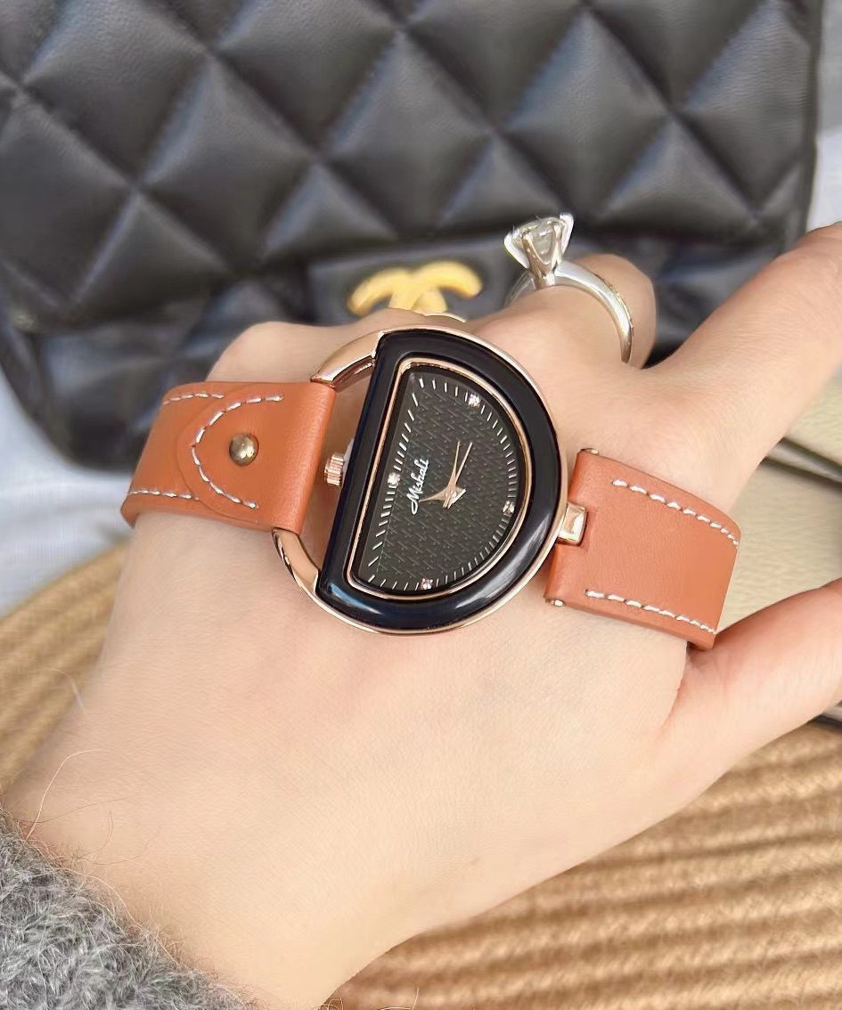 Chic Brown Watches Hardlex Semicircle Leather Crystal Alloy