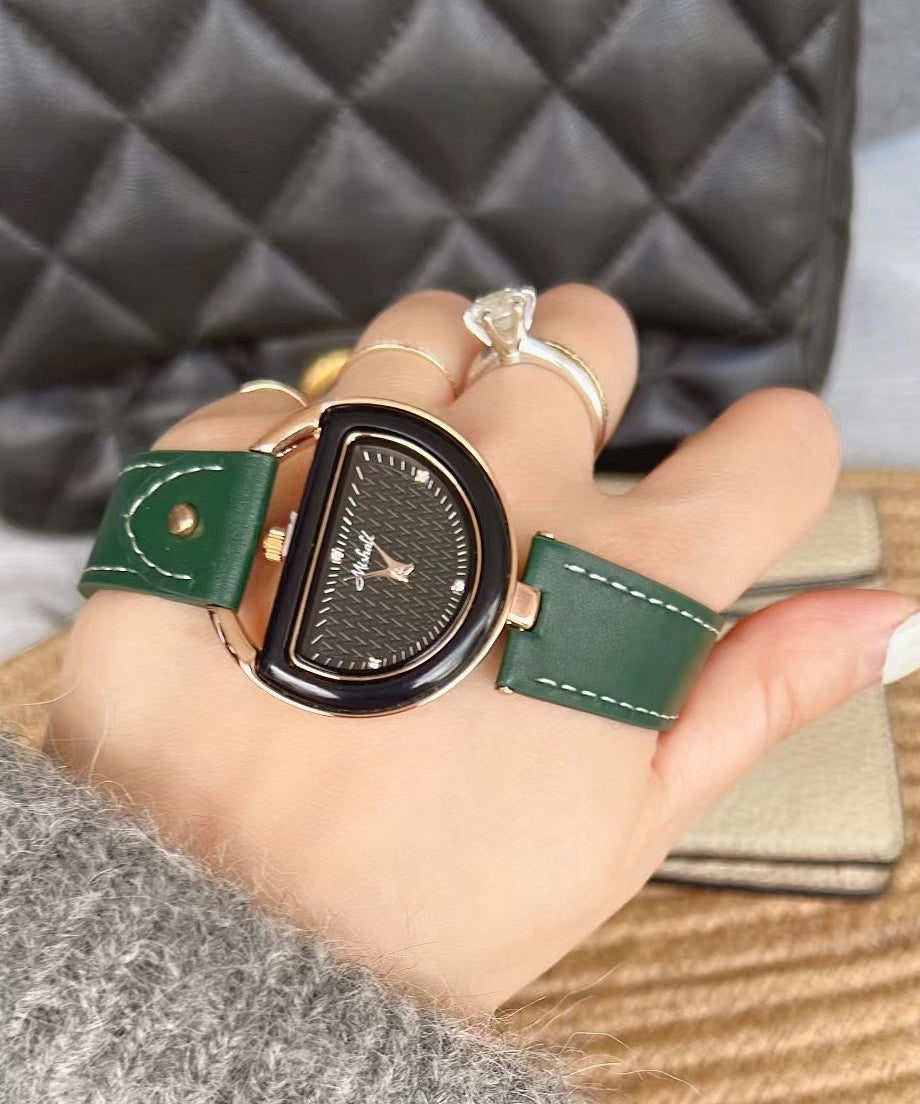 Chic Brown Watches Hardlex Semicircle Leather Crystal Alloy