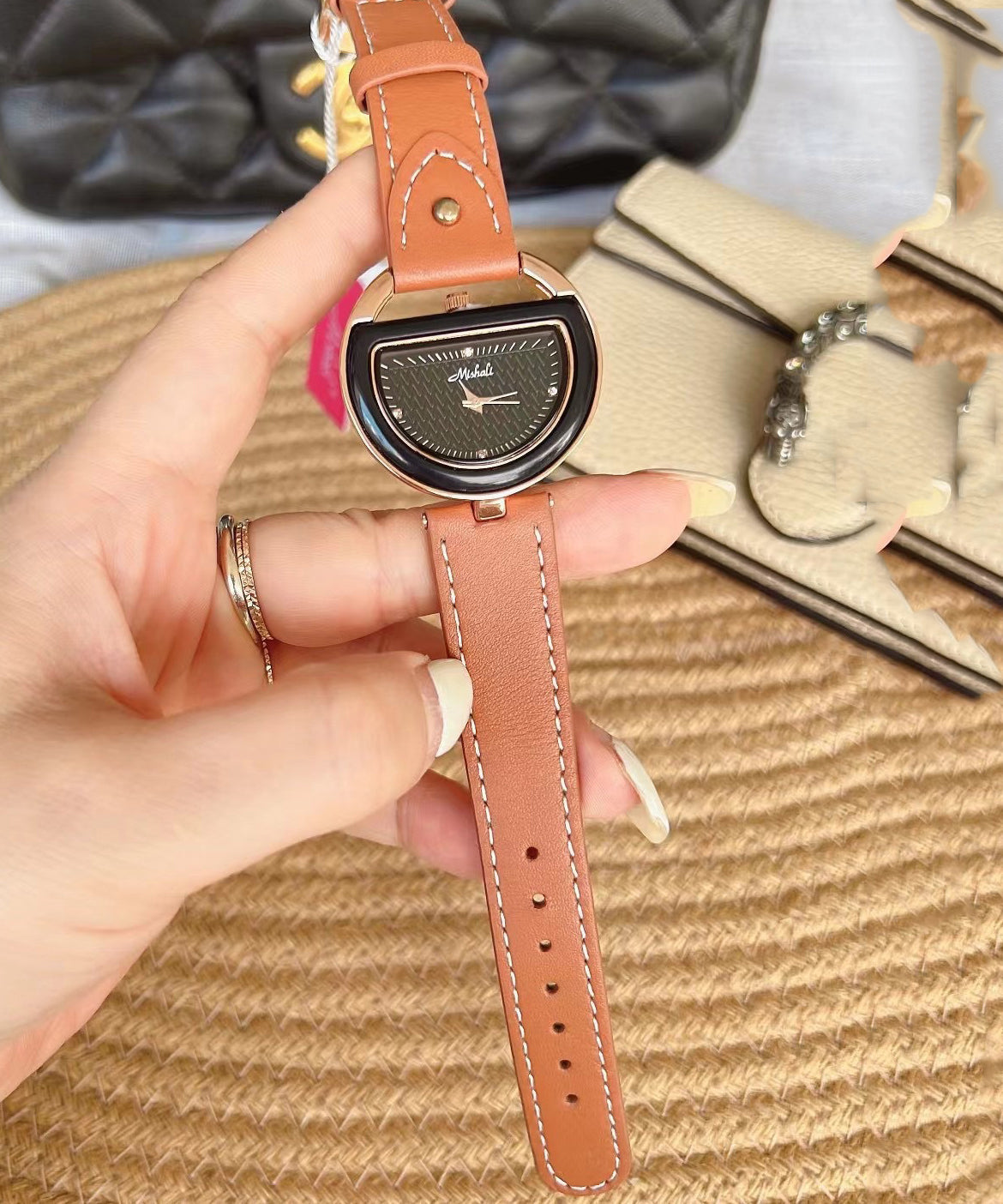 Chic Brown Watches Hardlex Semicircle Leather Crystal Alloy