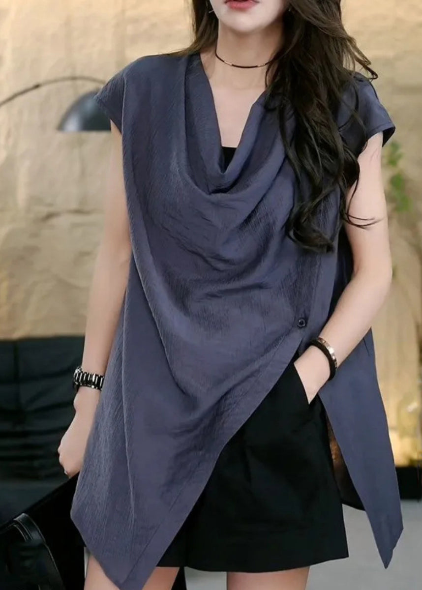 Sleeveless Solid Tops Asymmetrical Chic Coffee Open Side