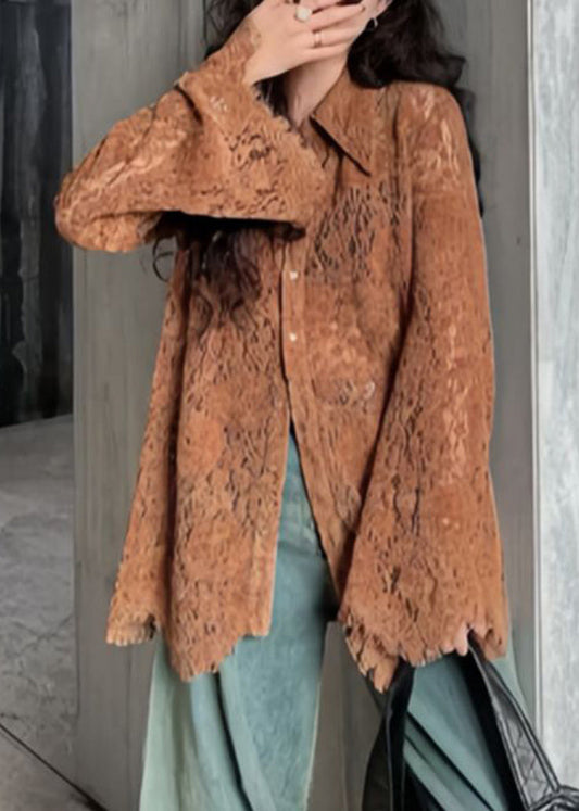 Chemise chic à col Peter Pan et manches évasées en dentelle boutonnée TR019