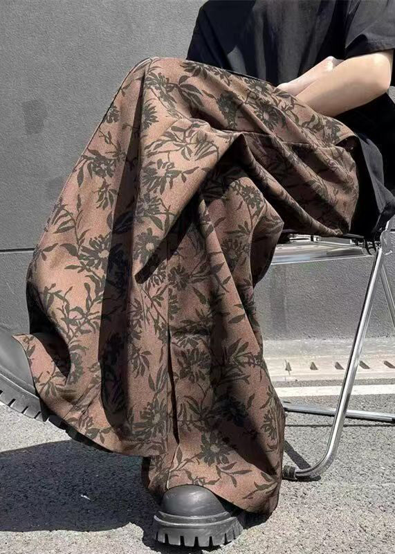 Wide High Chic Pants Leg Waist Summer Men Cotton Print Coffee