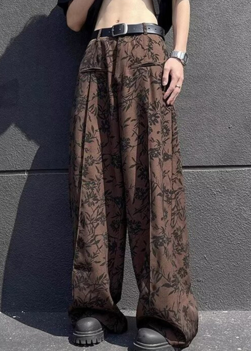 Wide High Chic Pants Leg Waist Summer Men Cotton Print Coffee