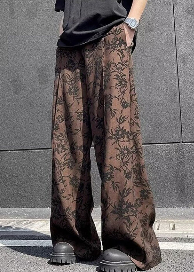 Wide High Chic Pants Leg Waist Summer Men Cotton Print Coffee