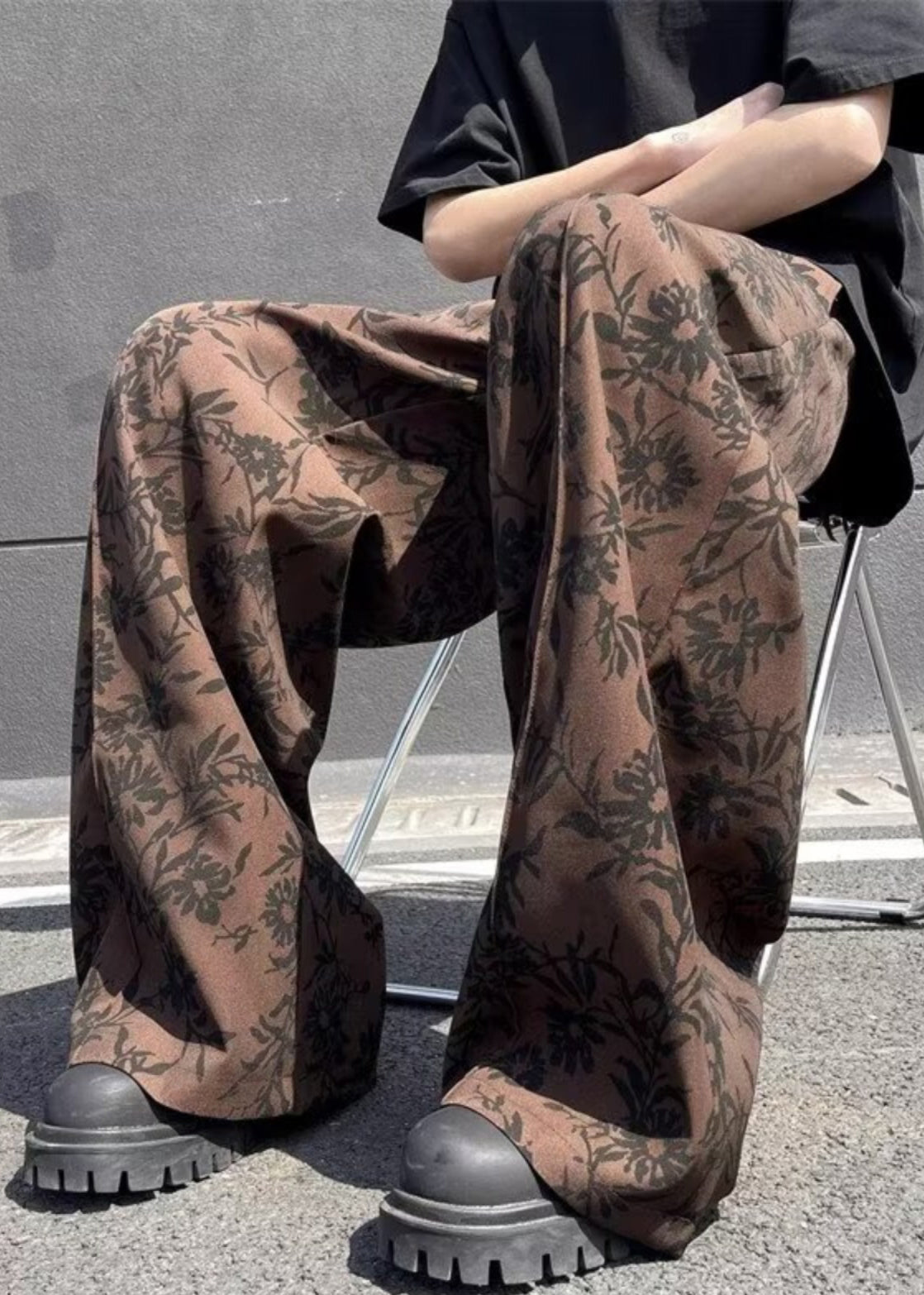 Wide High Chic Pants Leg Waist Summer Men Cotton Print Coffee