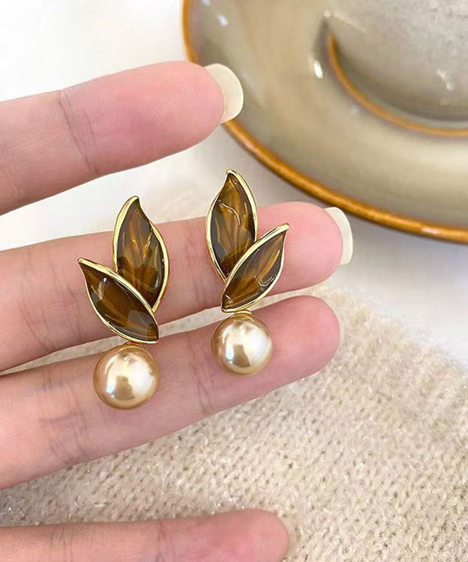 Chic Coffee Sterling Silver Alloy Pearl Leaf Stud Earrings EY020