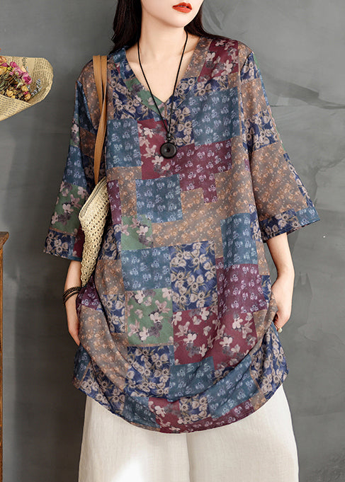 Chic Colorblock V Neck Print Linen Mini Dress Summer TM022