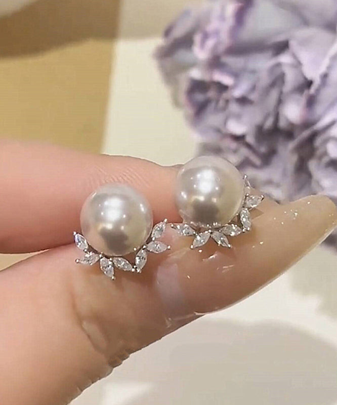 Leaf Earrings Chic Copper Zircon Pearl Stud