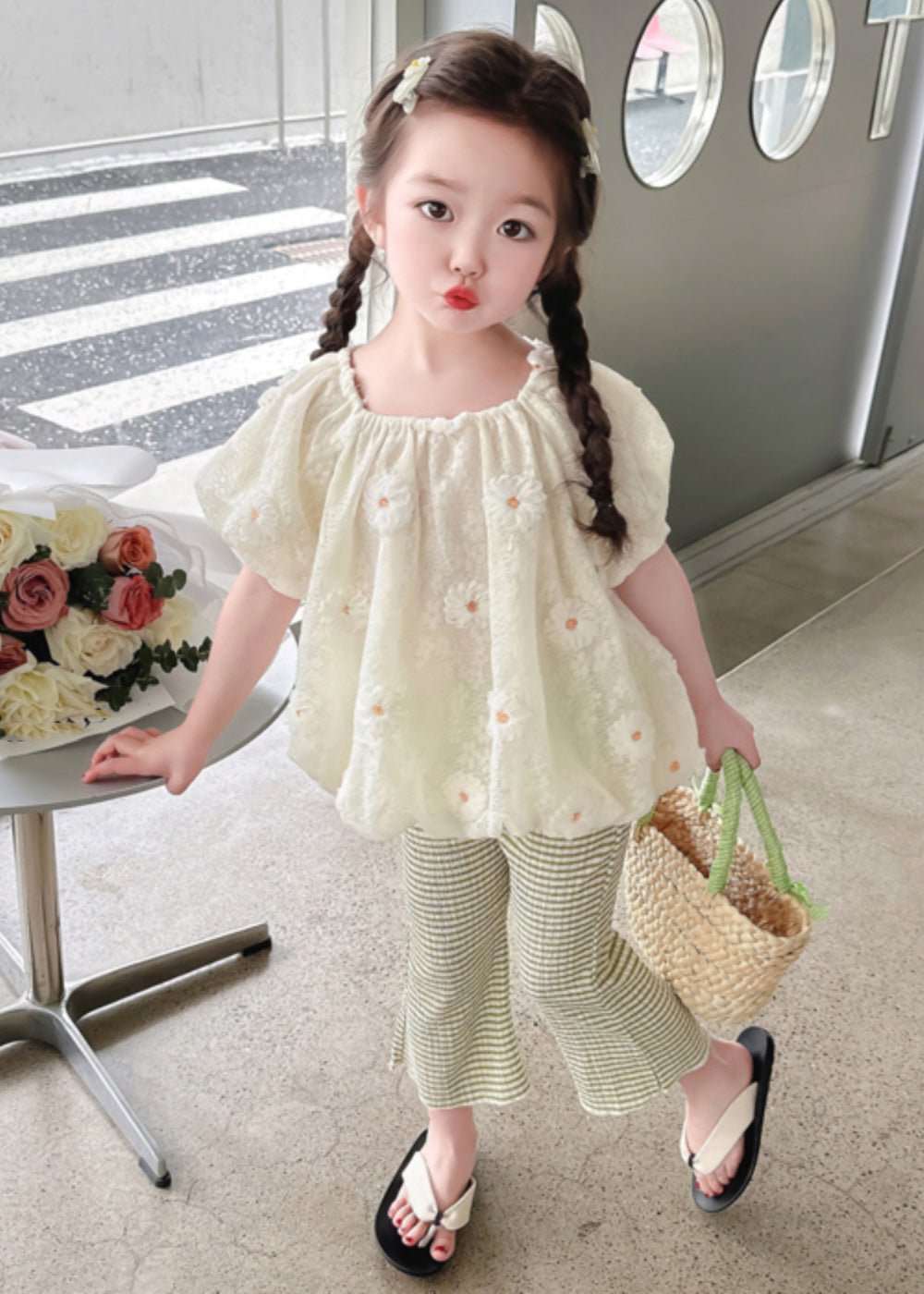 Chic Embroideried Floral Kids Shirt And Flared Trousers Two Piece Set Short Sleeve SS1024