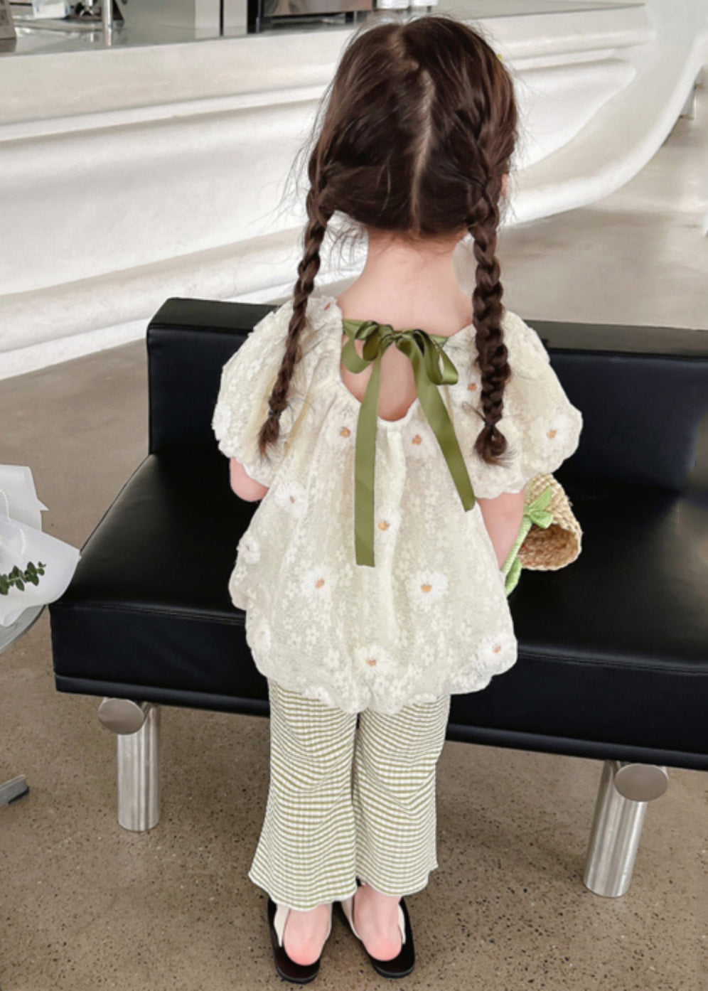 Chic Embroideried Floral Kids Shirt And Flared Trousers Two Piece Set Short Sleeve SS1024