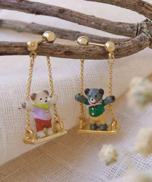 Chic Gold Sterling Silver Overgild Asymmetric Teddy Bear Swinging On A Swing Drop Earrings