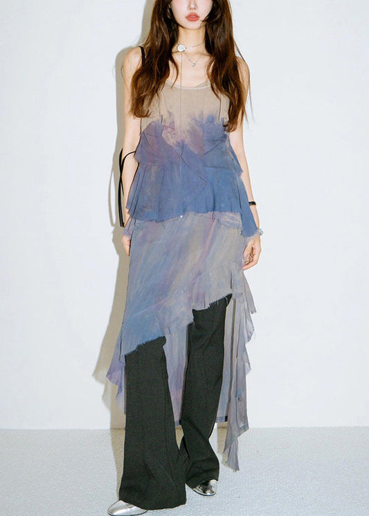 Schickes ärmelloses Baumwollkleid mit Farbverlauf und Rüschen, niedrigem und hohem Design KK069