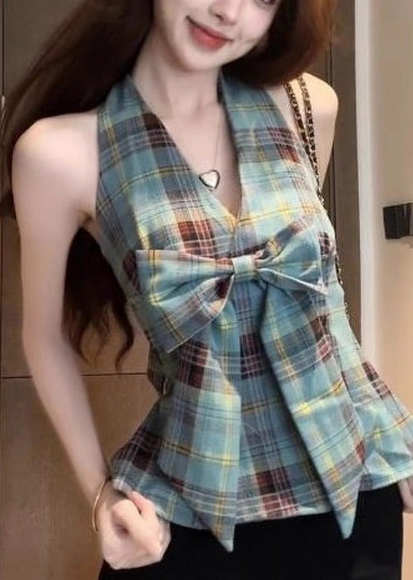 Backless Green Summer Chic Plaid Vests Halter