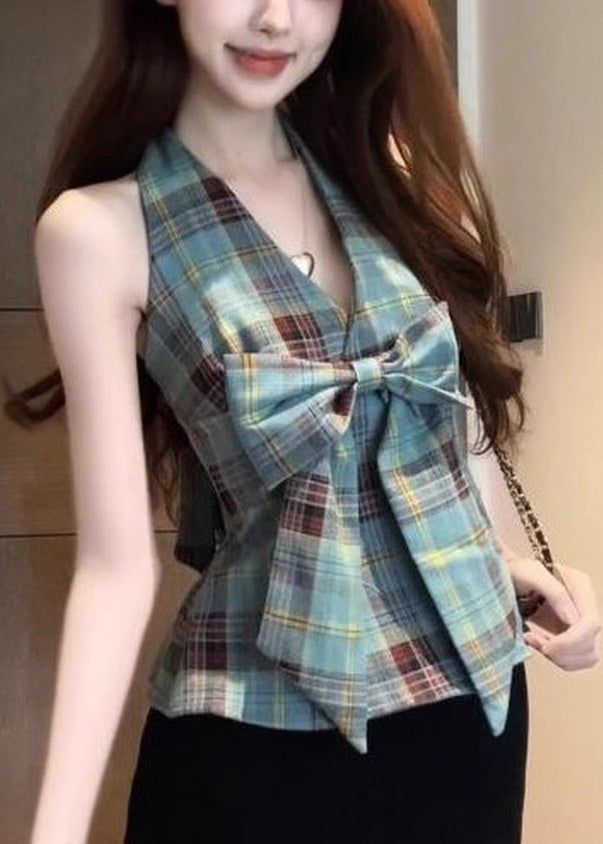Backless Green Summer Chic Plaid Vests Halter