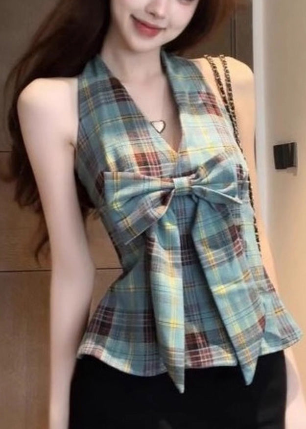 Backless Green Summer Chic Plaid Vests Halter