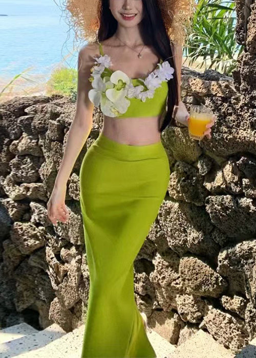 Floral Open Skirts Chic Tank Green Cotton Side Two-Piece And Set