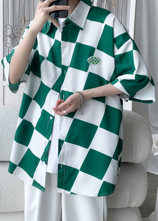 Chic Half Men Ice Silk Shirts Collar Green Peter Pan Plaid Sleeve