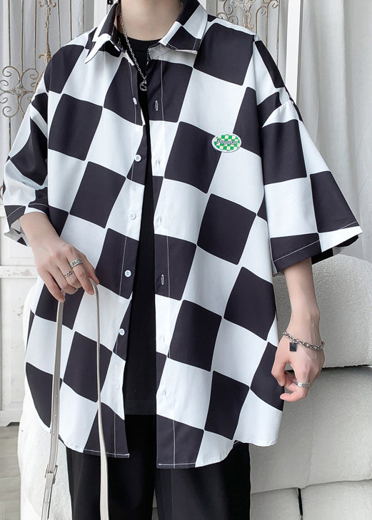 Chic Half Men Ice Silk Shirts Collar Green Peter Pan Plaid Sleeve