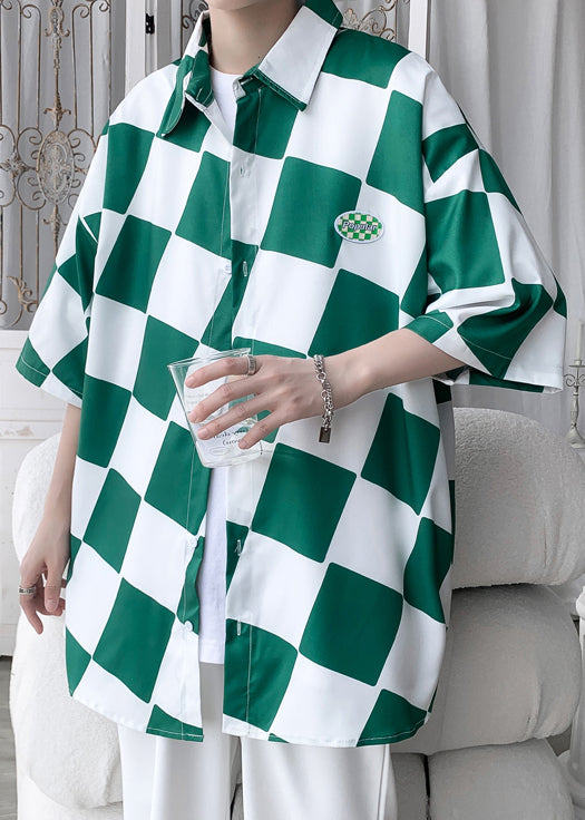 Chic Half Men Ice Silk Shirts Collar Green Peter Pan Plaid Sleeve