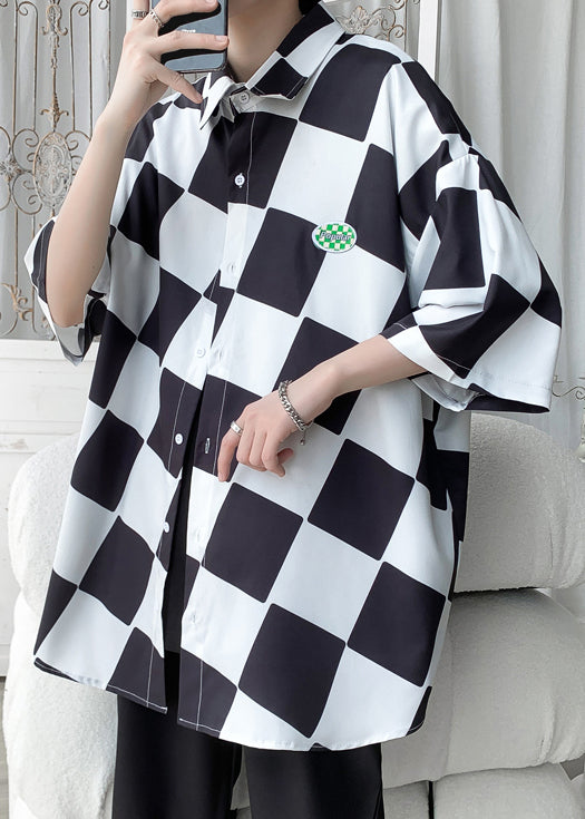 Chic Half Men Ice Silk Shirts Collar Green Peter Pan Plaid Sleeve