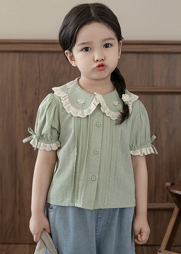 Chic Green Peter Pan Collar Print Button Kids Top Summer SS1027