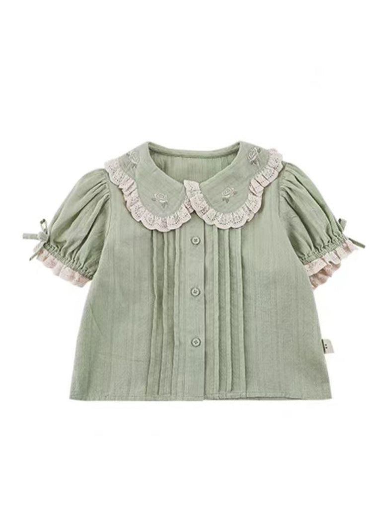 Chic Green Peter Pan Collar Print Button Kids Top Summer SS1027