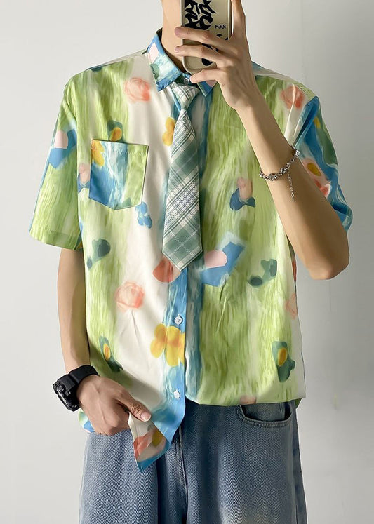 Cotton Peter Pockets Pan Print Shirts Mens Chic Green Collar