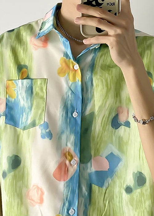 Cotton Peter Pockets Pan Print Shirts Mens Chic Green Collar