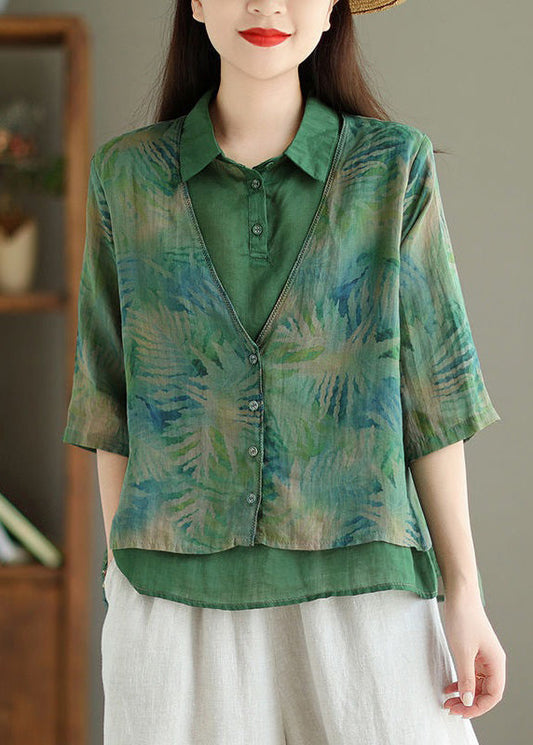 Chemise en lin à imprimé vert chic en deux pièces à manches courtes VV086
