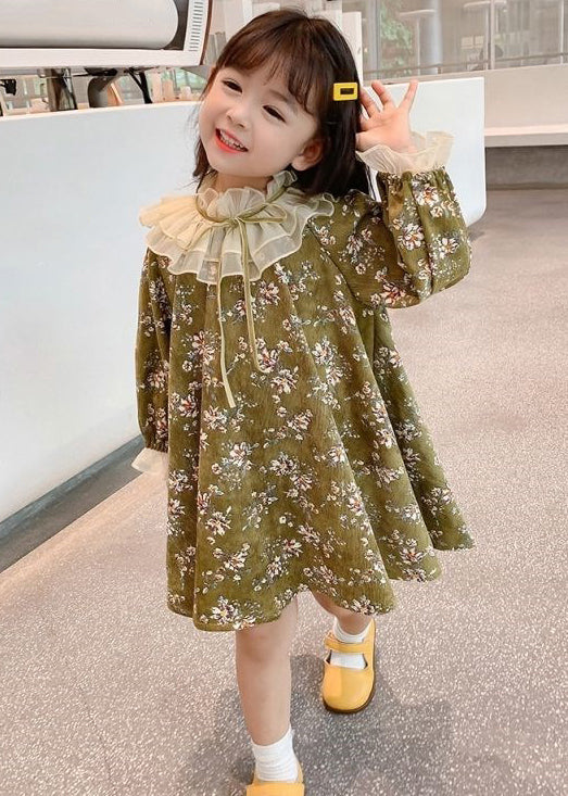 Chic Green Ruffled Lace Up Print Cotton Kids Girls Dresses Long Sleeve XZ065