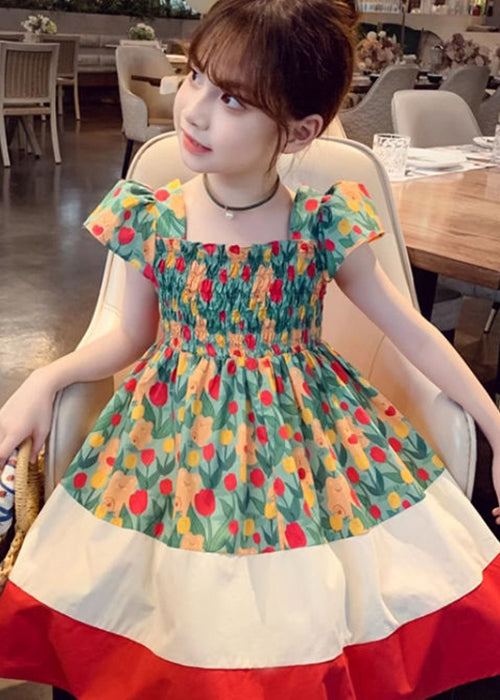 Chic Green Square Collar Print Patchwork Cotton Girls Dresses Summer TT009