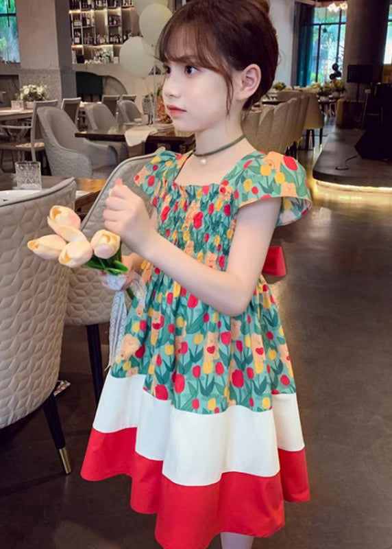 Chic Green Square Collar Print Patchwork Cotton Girls Dresses Summer TT009