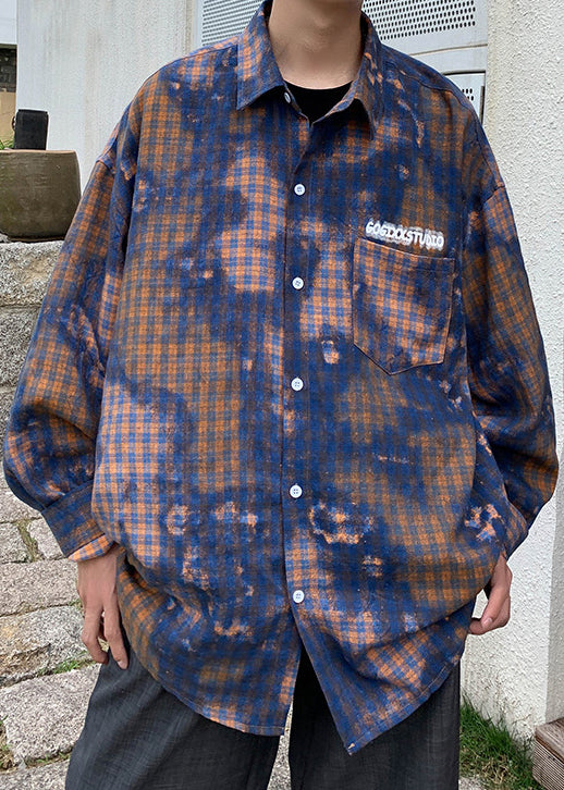 Plaid Oversized Shirts Chic Tie Spring Men's Dye Green Cotton