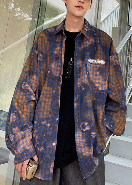 Plaid Oversized Shirts Chic Tie Spring Men's Dye Green Cotton