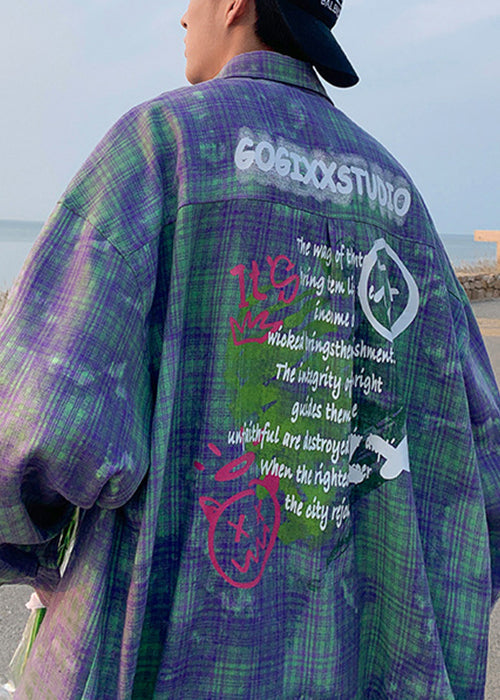 Plaid Oversized Shirts Chic Tie Spring Men's Dye Green Cotton