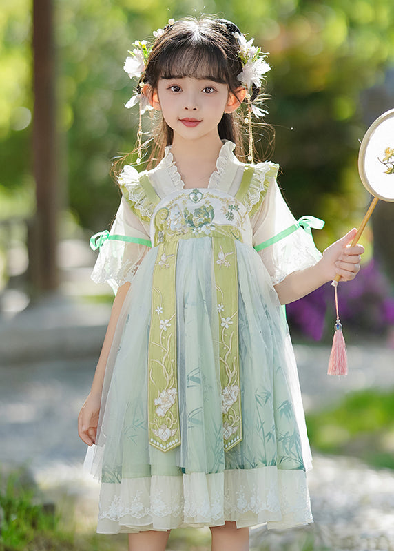 Dress Green Ruffled Neck Patchwork Chiffon Chic Maxi Kids V