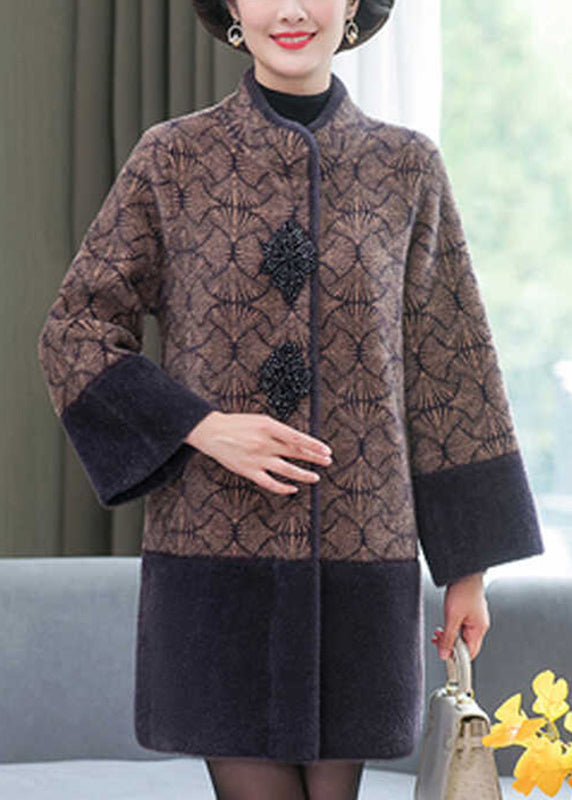 Chic Grey Stand Collar Print Patchwork Mink Velvet Coats Spring TA013