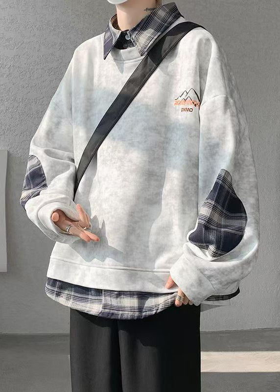 Plaid Mens Warm Grey Fleece Sweatshirts Chic Tie Patchwork Dye