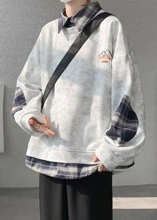 Plaid Mens Warm Grey Fleece Sweatshirts Chic Tie Patchwork Dye