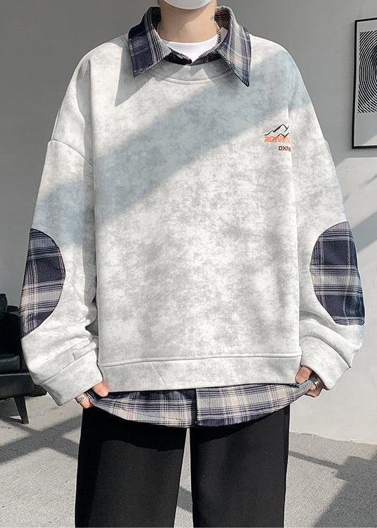 Plaid Mens Warm Grey Fleece Sweatshirts Chic Tie Patchwork Dye