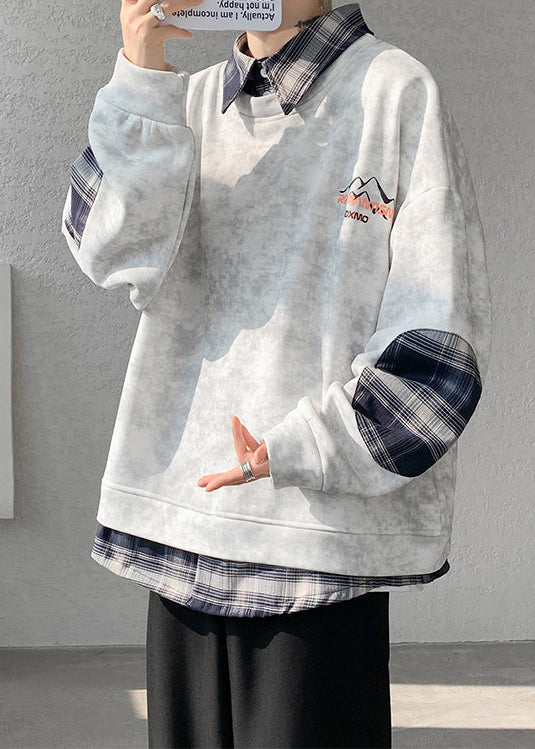 Plaid Mens Warm Grey Fleece Sweatshirts Chic Tie Patchwork Dye