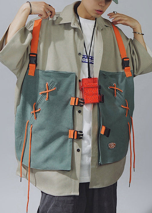 Chic Shirts Sleeve Half Men Lace Up Cotton T Khaki Patchwork