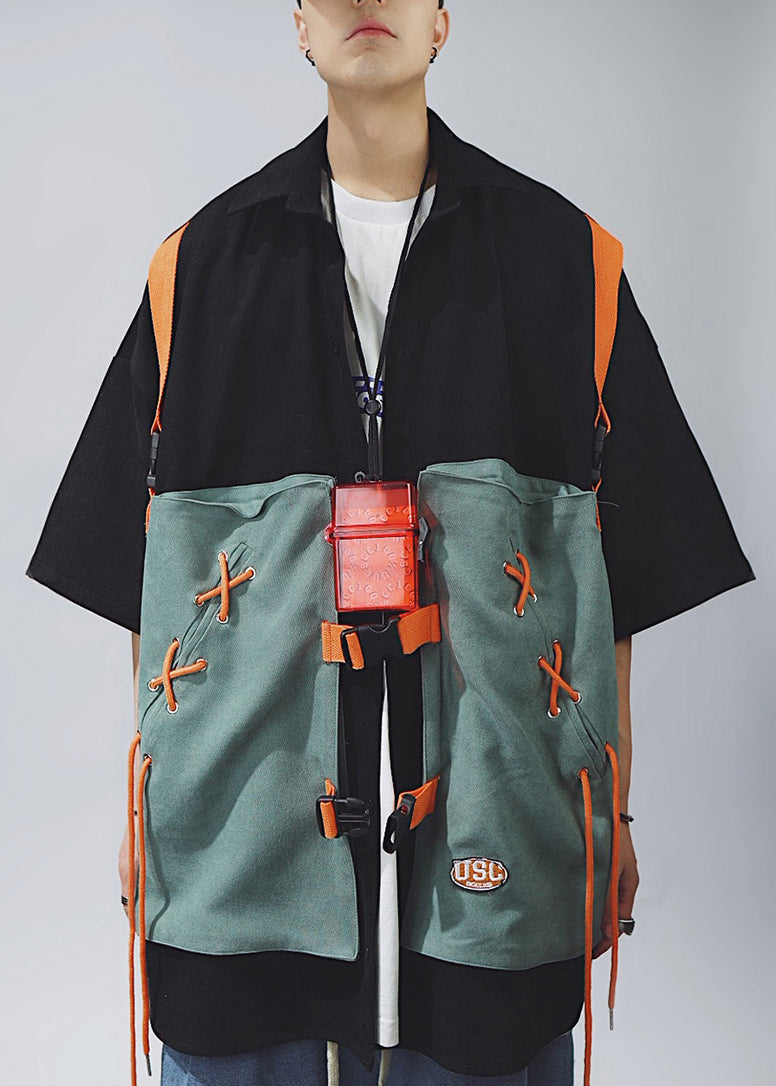 Shirts Khaki Patchwork Up Lace Sleeve T Half Cotton Chic Men