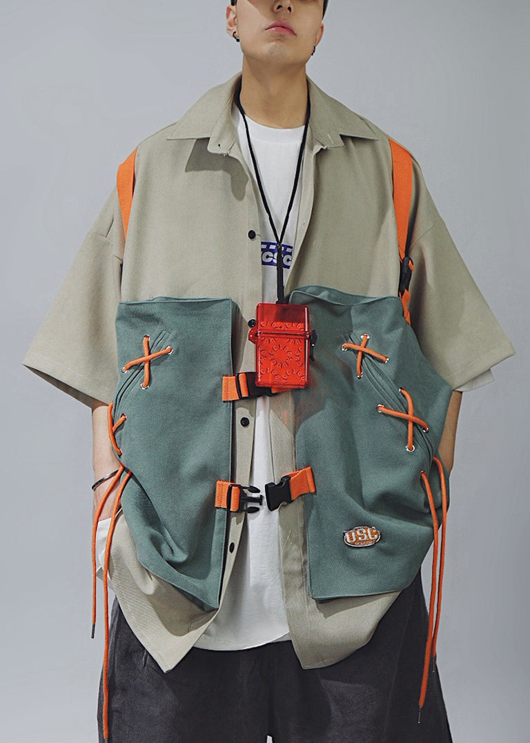 Chic Shirts Sleeve Half Men Lace Up Cotton T Khaki Patchwork