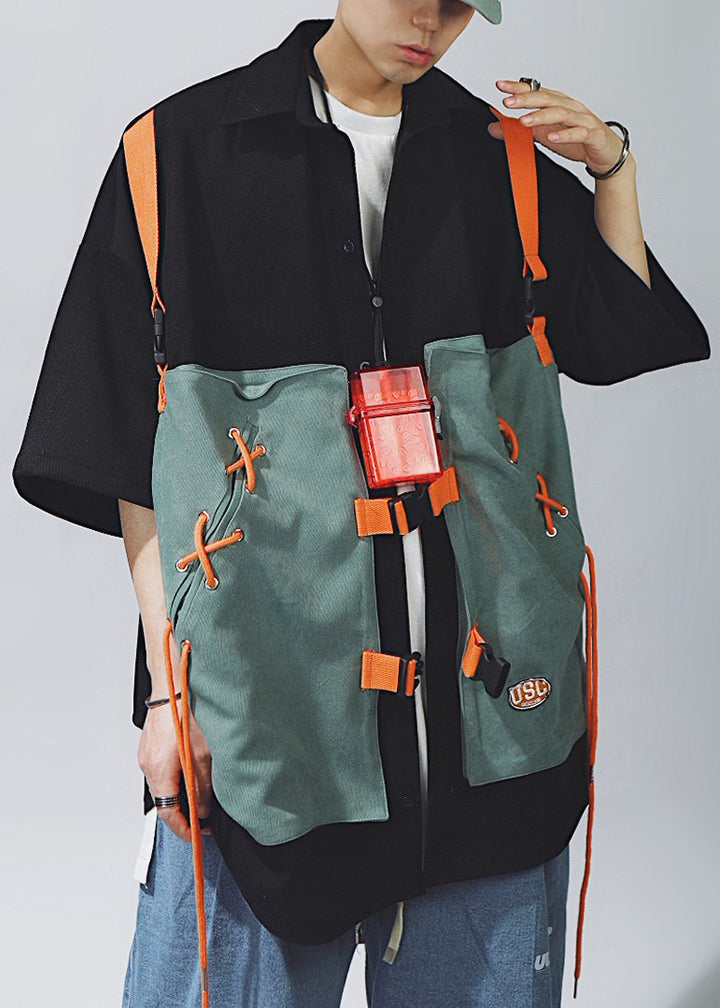 Shirts Khaki Patchwork Up Lace Sleeve T Half Cotton Chic Men