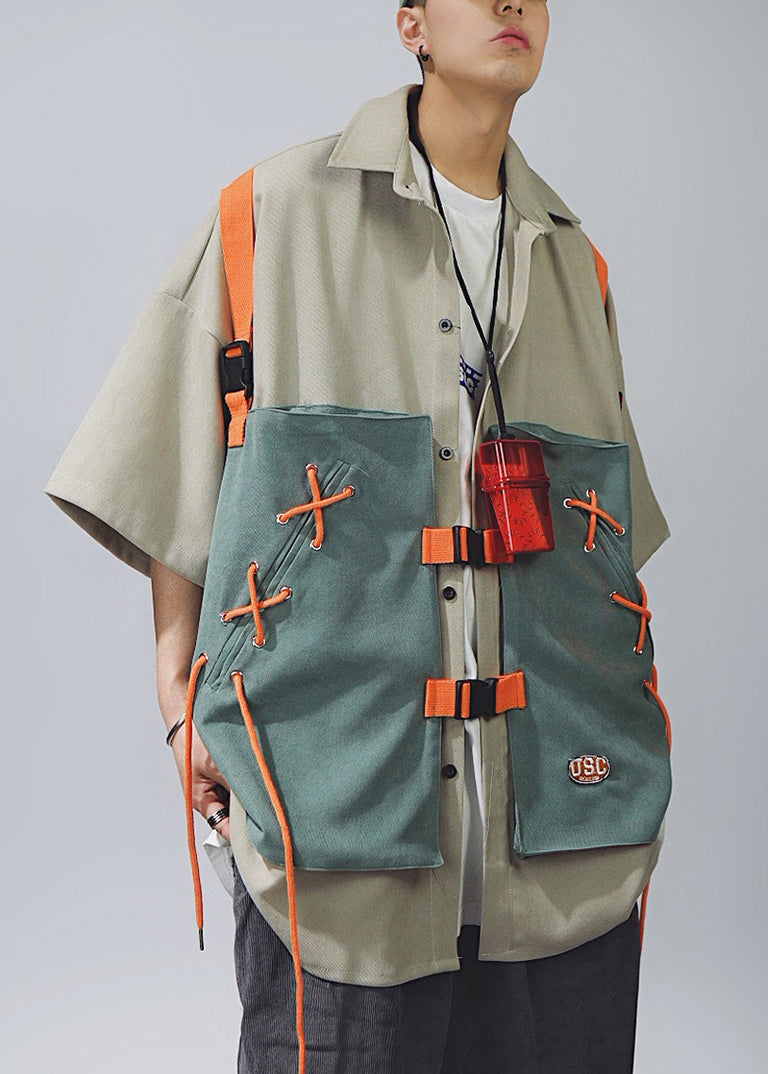 Chic Shirts Sleeve Half Men Lace Up Cotton T Khaki Patchwork