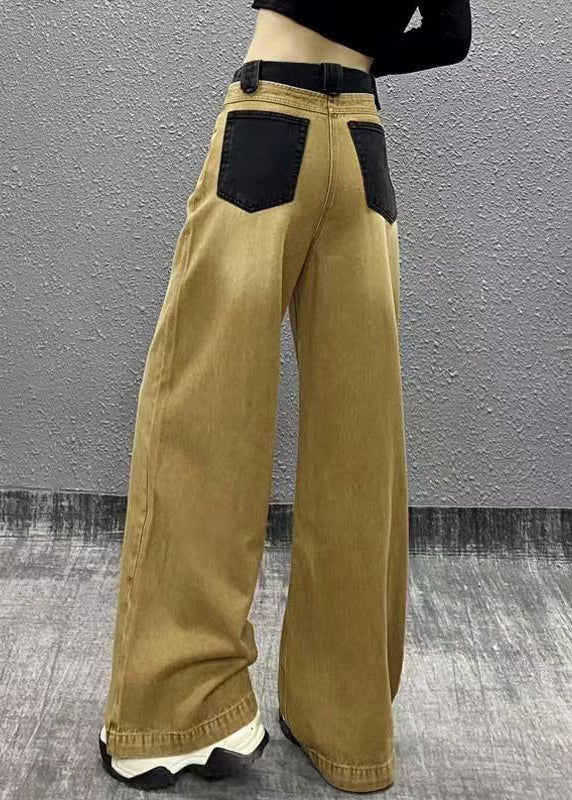 Chic Khaki Pockets Patchwork Denim Wide Leg Pants Fall RI007