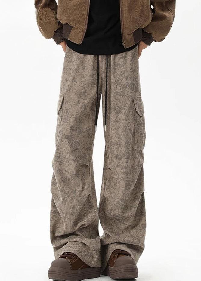 Chic Men Khaki Waist Pants Pockets Elastic Corduroy Dye Tie